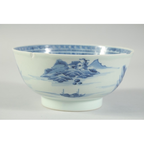 7 - AN 18TH CENTURY CHINESE EXPORT BLUE AND WHITE PORCELAIN BOWL, painted with landscape scenes, (faults... 