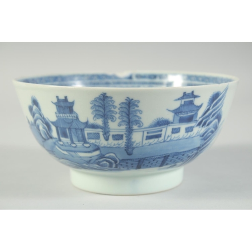 7 - AN 18TH CENTURY CHINESE EXPORT BLUE AND WHITE PORCELAIN BOWL, painted with landscape scenes, (faults... 
