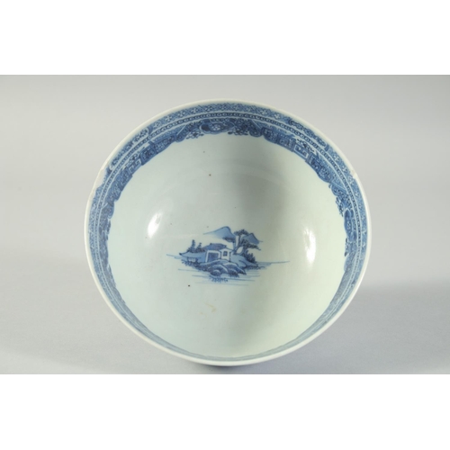 7 - AN 18TH CENTURY CHINESE EXPORT BLUE AND WHITE PORCELAIN BOWL, painted with landscape scenes, (faults... 