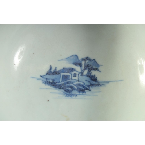 7 - AN 18TH CENTURY CHINESE EXPORT BLUE AND WHITE PORCELAIN BOWL, painted with landscape scenes, (faults... 
