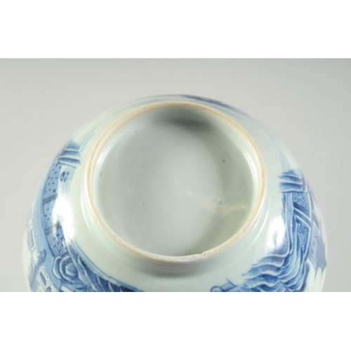 7 - AN 18TH CENTURY CHINESE EXPORT BLUE AND WHITE PORCELAIN BOWL, painted with landscape scenes, (faults... 