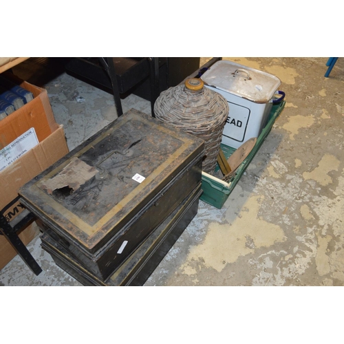 150 - Two old black japanned metal boxes, an old enamel bread bin etc.