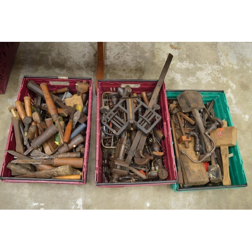 178 - Three boxes of assorted wood working tools to include chisels etc.