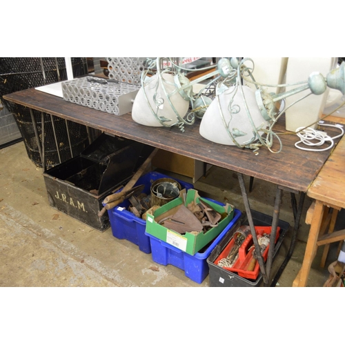 192 - Five old pine trestle tables.