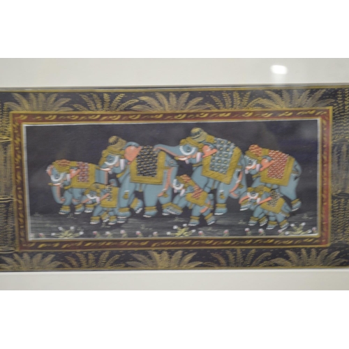 472 - Indian School, A Thangka, framed and glazed and an elephant procession (2).