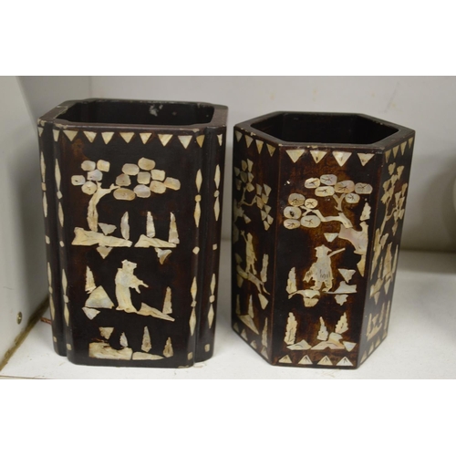 577 - Two Chinese mother-of-pearl inlaid hardwood brush pots.