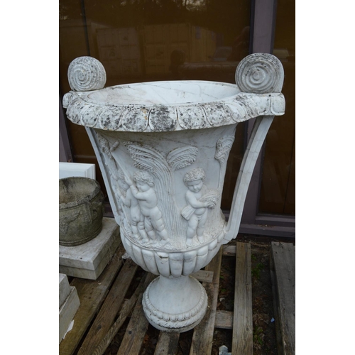 63 - A large impressive pair of Italian carved white marble twin handled urns, one repaired 110m high.