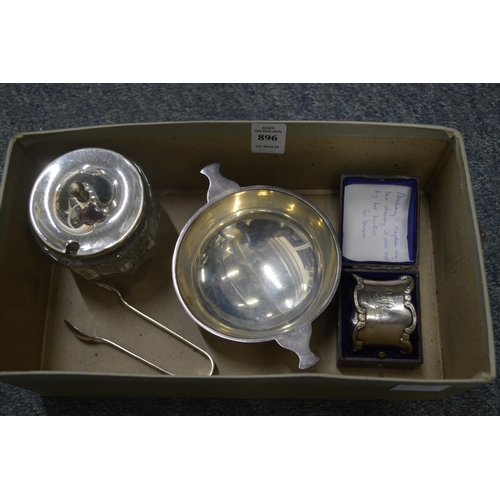 896 - A silver twin handled bowl, a boxed silver napkin ring, plated sugar tongs and cut glass and plated ... 