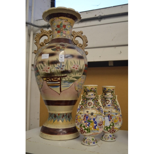 96 - A large satsuma twin handled vase and a pair of smaller vases.