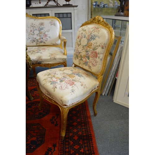 391 - A French style gilt framed and floral upholstered four piece salon suite comprising settee, armchair... 