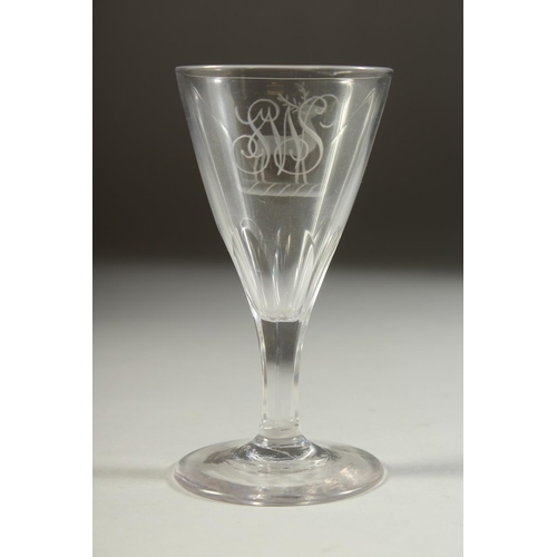 1076 - A GOOD 18TH CENTURY ENGLISH WINE GLASS with tapering bowl, engraved with a stag. 4.5ins high.