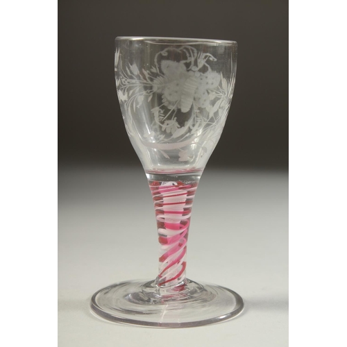 1079 - A GOOD SMALL JACOBEAN WINE GLASS, the bowl engraved with a rose and butterfly with pink and white sh... 