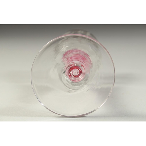 1079 - A GOOD SMALL JACOBEAN WINE GLASS, the bowl engraved with a rose and butterfly with pink and white sh... 