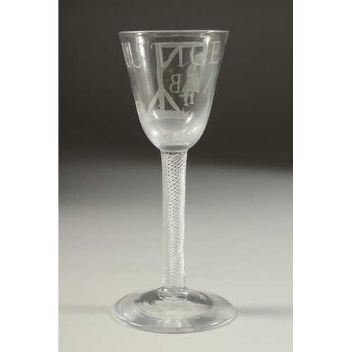 1084 - A RARE 18TH CENTURY ENGLISH JUSTICE ADMIRAL BYNG WINE GLASS engraved with a hanged man and gallows, ... 