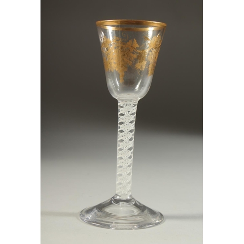 1085 - A SUPERB 18TH CENTURY ENGLISH JAMES GILES WINE GLASS, circa 1763, the bowl with fruiting vines in go... 