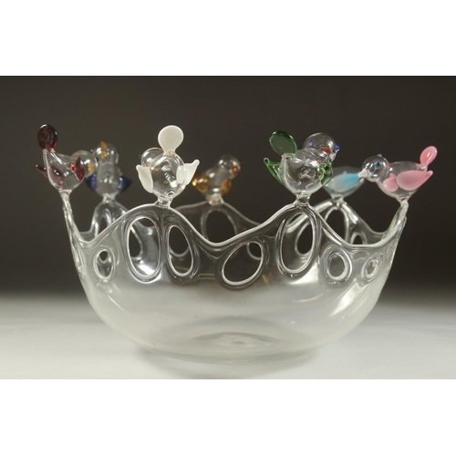 1093 - MASSIMO LUNARDON for DIOR.
A DELICATE BLOWN GLASS BOWL with seven colourful birds.
8.5ins diameter, ... 