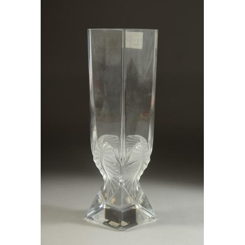 1096 - A GOOD LALIQUE TALL SQUARE VASE with moulded leaves and square base. Etched: Lalique, France, bears ... 