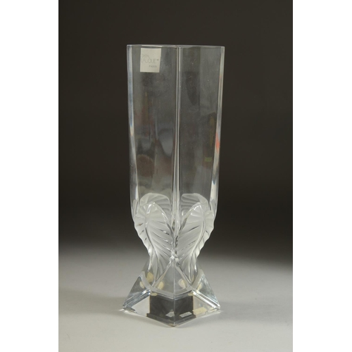 1096 - A GOOD LALIQUE TALL SQUARE VASE with moulded leaves and square base. Etched: Lalique, France, bears ... 