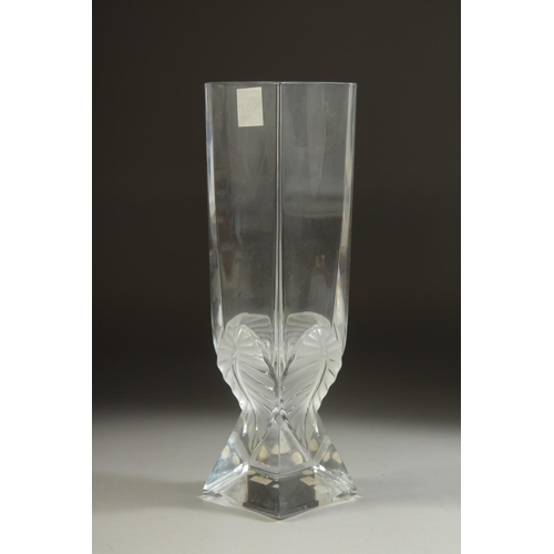 1096 - A GOOD LALIQUE TALL SQUARE VASE with moulded leaves and square base. Etched: Lalique, France, bears ... 