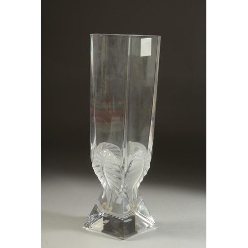 1096 - A GOOD LALIQUE TALL SQUARE VASE with moulded leaves and square base. Etched: Lalique, France, bears ... 