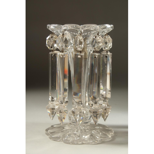 1105 - A LARGE PAIR OF 19TH CENTURY CUT GLASS LUSTRES with prism drops and shaped bases. 8ins high along wi... 