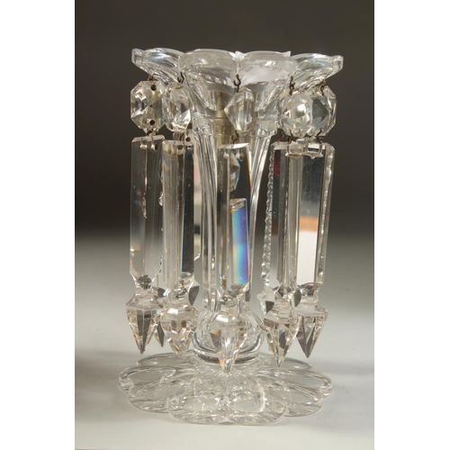 1105 - A LARGE PAIR OF 19TH CENTURY CUT GLASS LUSTRES with prism drops and shaped bases. 8ins high along wi... 