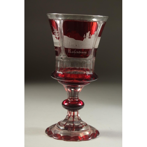 1106 - A GOOD BOHEMIAN RUBY GOBLET etched with four buildings. 8ins high and A PAIR OF BEAKERS 4ins high. (... 