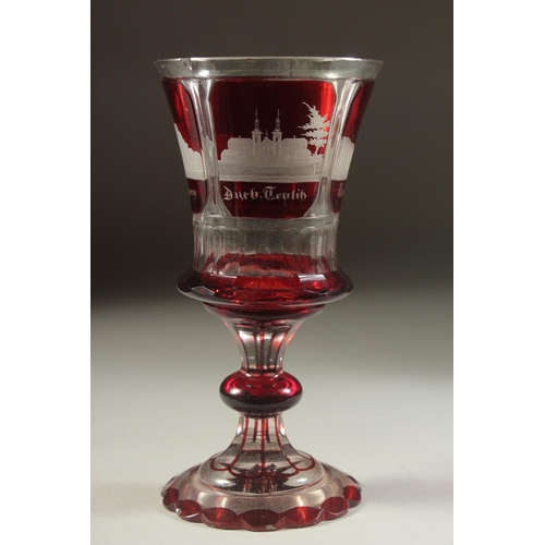 1106 - A GOOD BOHEMIAN RUBY GOBLET etched with four buildings. 8ins high and A PAIR OF BEAKERS 4ins high. (... 