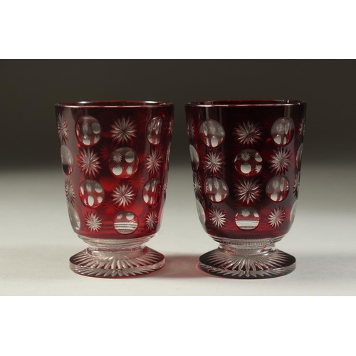 1106 - A GOOD BOHEMIAN RUBY GOBLET etched with four buildings. 8ins high and A PAIR OF BEAKERS 4ins high. (... 