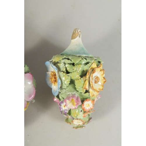 1160 - A GOOD SET OF SIX MEISSEN PORCELAIN FLOWER ENCRUSTED TREE DECORATIONS. 3.75ins long.