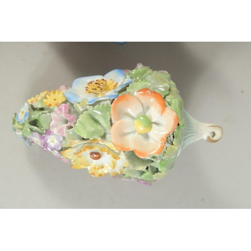 1162 - A LARGE PAIR OF MEISSEN PORCELAIN FLOWER ENCRUSTED TREE DECORATIONS, 4.5ins long, and four small tre... 