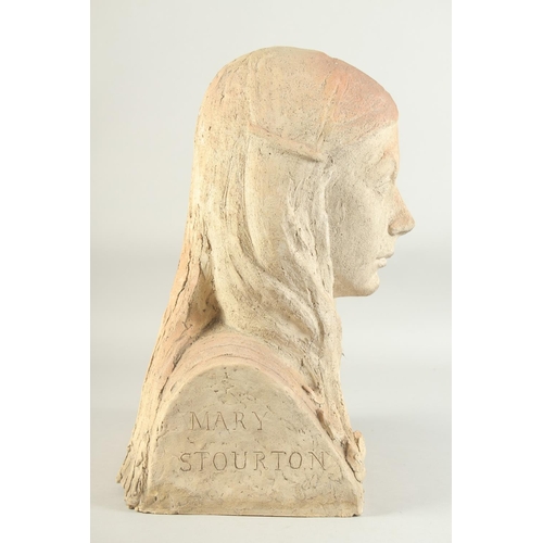 1166 - MARY STOURTON AN ART DECO TERRA COTTA BUST OF A YOUNG GIRL with long hair. Signed, Mary Stourton. 16... 