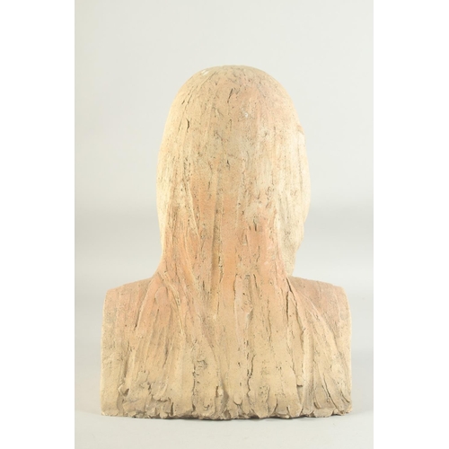 1166 - MARY STOURTON AN ART DECO TERRA COTTA BUST OF A YOUNG GIRL with long hair. Signed, Mary Stourton. 16... 