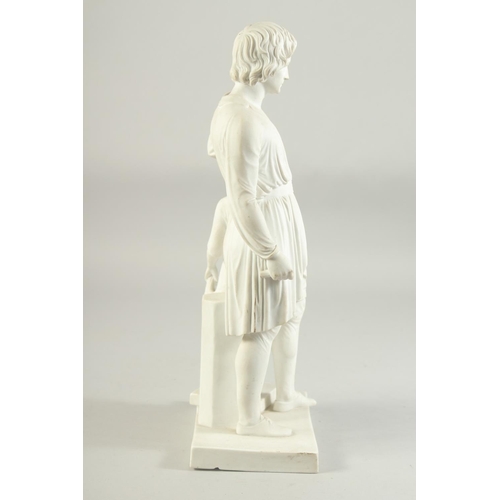 1169 - A COPENHAGEN WHITE PARIAN WARE GROUP OF TWO CLASSICAL FIGURES. Signed. 14ins high.