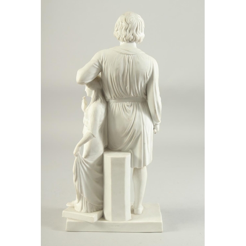 1169 - A COPENHAGEN WHITE PARIAN WARE GROUP OF TWO CLASSICAL FIGURES. Signed. 14ins high.