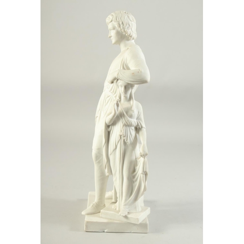 1169 - A COPENHAGEN WHITE PARIAN WARE GROUP OF TWO CLASSICAL FIGURES. Signed. 14ins high.