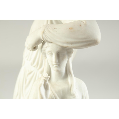 1169 - A COPENHAGEN WHITE PARIAN WARE GROUP OF TWO CLASSICAL FIGURES. Signed. 14ins high.