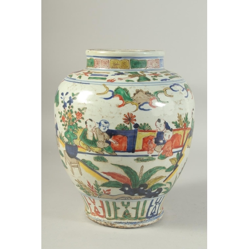 1214 - A CHINESE PORCELAIN WUCAI JAR painted with boys in a garden. 27ins high.