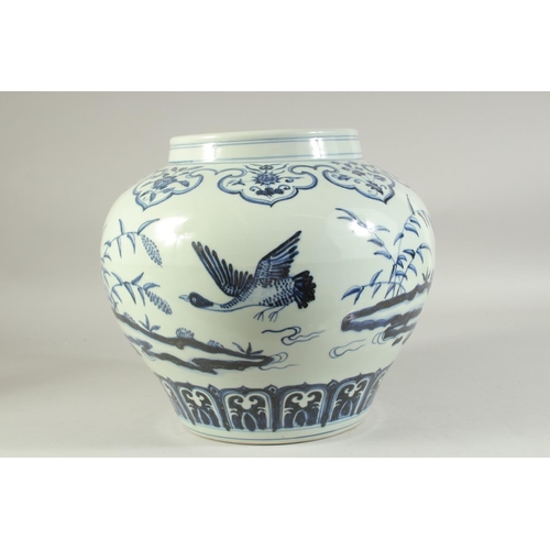 1224 - A LARGE CHINESE BLUE AND WHITE PORCELAIN JAR decorated with birds and flora. 30cm high.