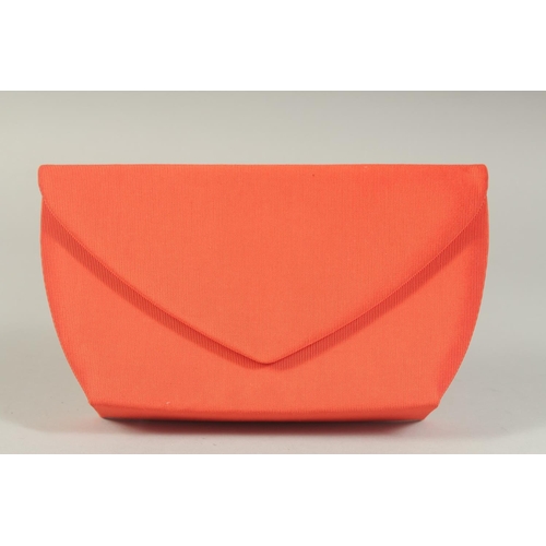 1328 - A G Y ITALIAN ORANGE FABRIC EVENING BAG, 8ins long with rope strap.