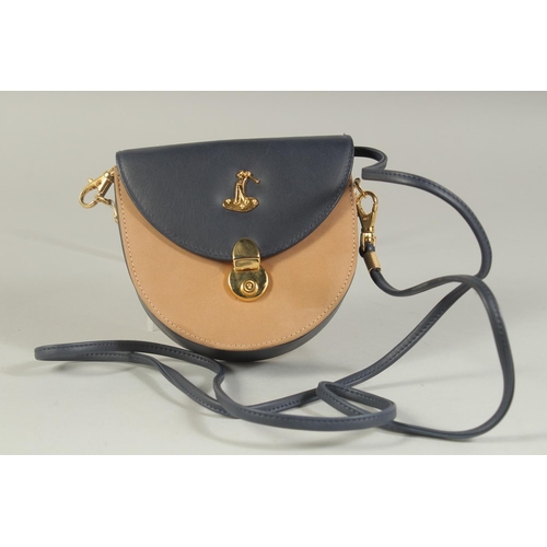 1333 - A SMALL ATCOO TWO COLOURED SUEDE BAG with a monogram of a golfer. 5ins x 4.5ins with long leather st... 