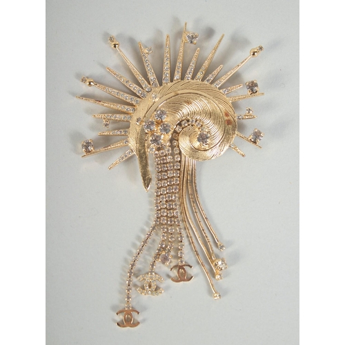 1355 - A GOOD CHANEL GILT SPRAY BROOCH set with diamante with gilt hanging drops in a Chanel box.