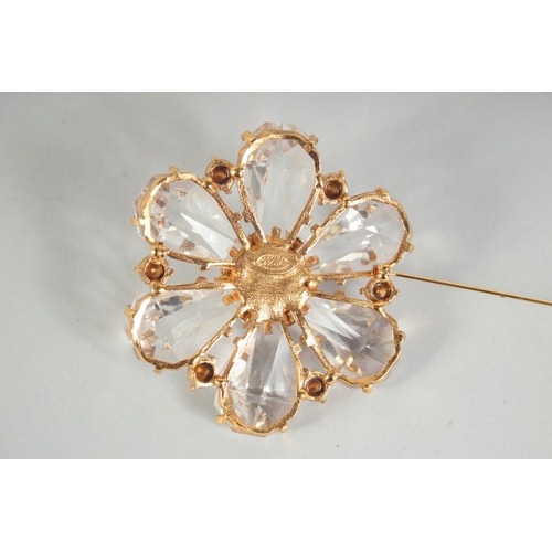 1356 - A LARGE CHANEL SIX PETAL FLOWER BROOCH with diamante. Signed, 5.5cm diameter in a Chanel box.