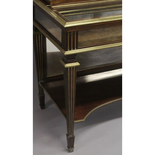 1017 - A SUPERB 19TH CENTURY FRENCH ROSEWOOD BRASS BANDED DISPLAY CASE, the top with double panel glazed do... 