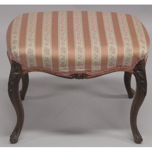 1021 - A VICTORIAN ROSEWOOD STOOL with padded top on curving legs. 1ft 11ins long.