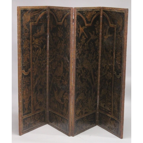 1022 - A VERY GOOD TOLEDO FOUR FOLD LEATHER SCREEN with panels of birds and foliage. 5ft high, 5ft 4ins lon... 