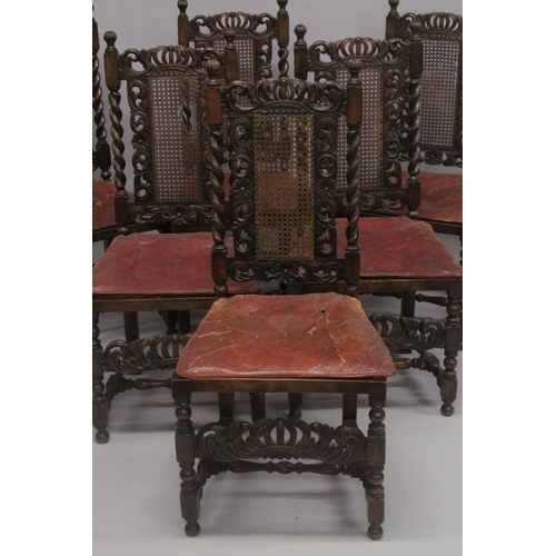 1023 - A GOOD SET OF SIX CAROLEON STYLE OAK SINGLE CHAIRS with cane work back and seats and barley twist su... 