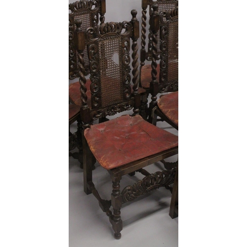 1023 - A GOOD SET OF SIX CAROLEON STYLE OAK SINGLE CHAIRS with cane work back and seats and barley twist su... 