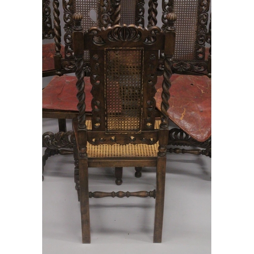 1023 - A GOOD SET OF SIX CAROLEON STYLE OAK SINGLE CHAIRS with cane work back and seats and barley twist su... 