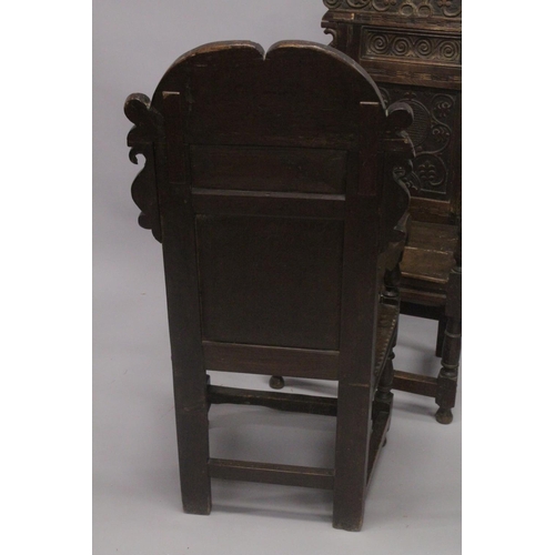 1024 - A GOOD PAIR OF MOSTLY 17TH - EARLY 18TH CENTURY OAK WAINSCOT CHAIRS with carved backs, bog oak inlay... 